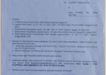 Surat bukti laporan ES di Polres Toba yang sudah 420 hari tanpa perkembangan, Rabu (19/6).