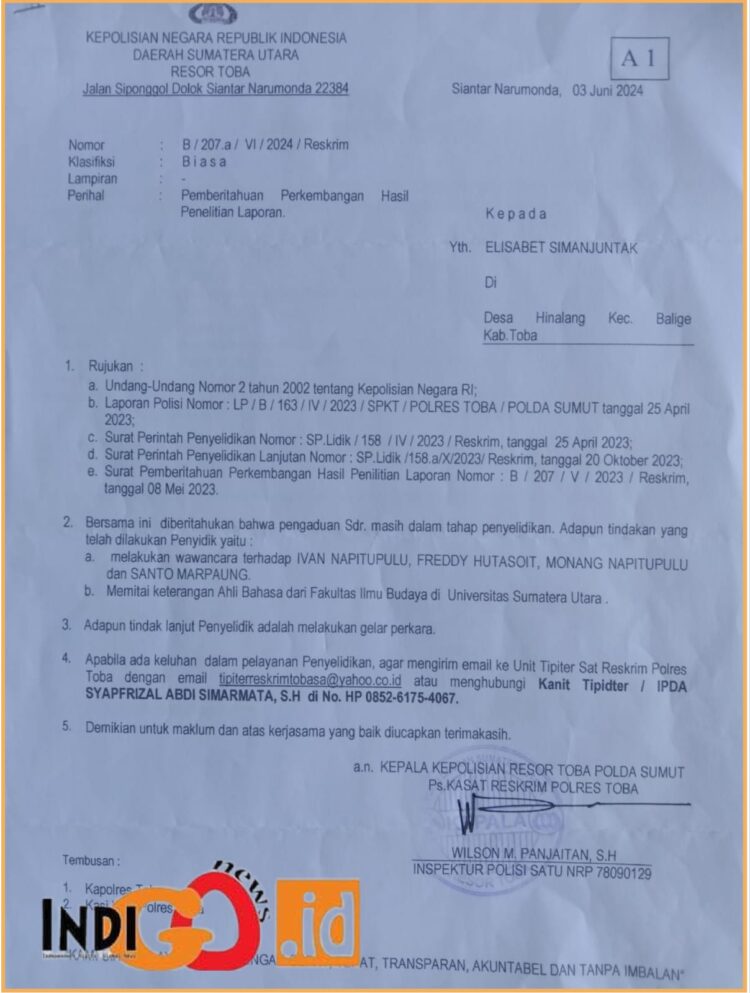 Surat bukti laporan ES di Polres Toba yang sudah 420 hari tanpa perkembangan, Rabu (19/6).