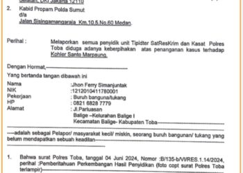 Surat laporan JFS ke Propam Polri dan Propam Polda Sumut, Rabu (10/7).