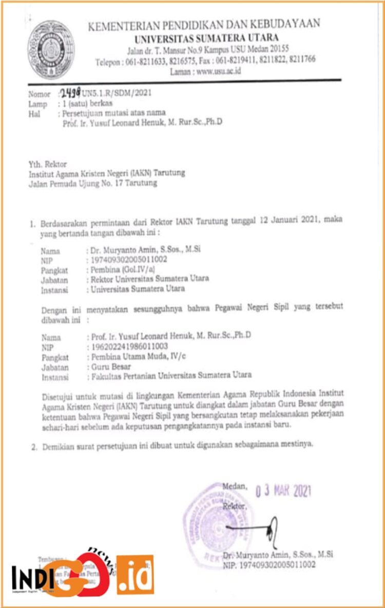 Surat rektor USU yang diduga awal diskriminatif kepada Prof. YLH, Senin (29/7).