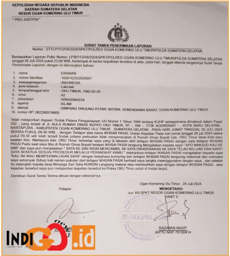 Surat tanda laporan pengaduan di Polres OKU Timur, Jumat (26/7/2024).