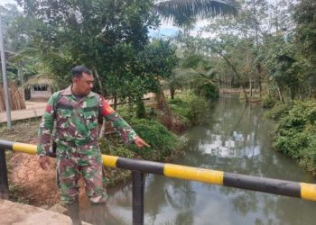 Babinsa Koramil 04/Gunung Megang Monitoring Debit Air Sungai di Desa Gunung Raja