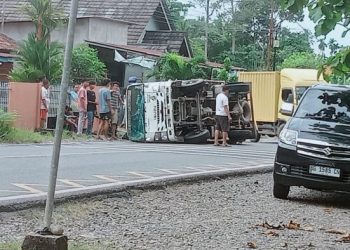 Hendak Hindari Pemotor,Truk Muatan Makanan Kucing Terjungkal Dijalan Raya Karang Endah Gelumbang 