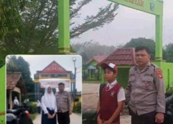 Dukung GATI, Aipda Eko Sukoco Personil Polsek Gelumbang Polres Muara Enim Antar 2 Buah Hatinya Ke Sekolah 