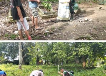 Babinsa Desa Gunung Megang Dalam Gotong Royong Bersihkan TPU Kampung VII