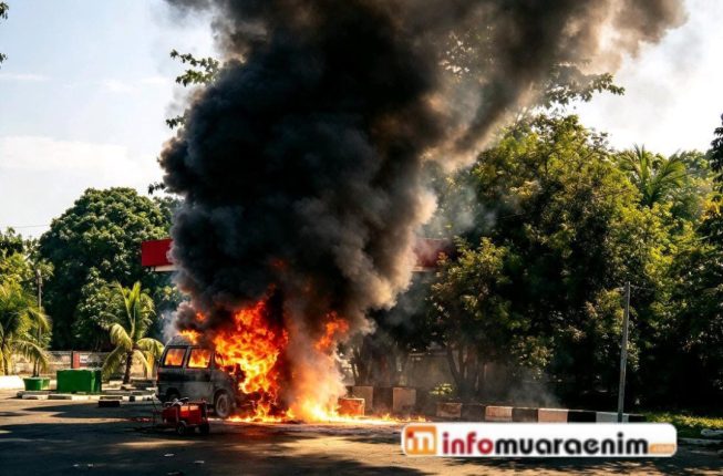 Sebuah Mobil Terbakar di SPBU Kepur Muara Enim Warga Antri BBM Sempat Kocar -Kacir