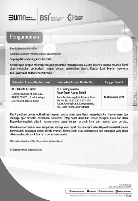 Pengumuman Bank Syariah Indonesia KFF Jakarta Ar-Ridho
