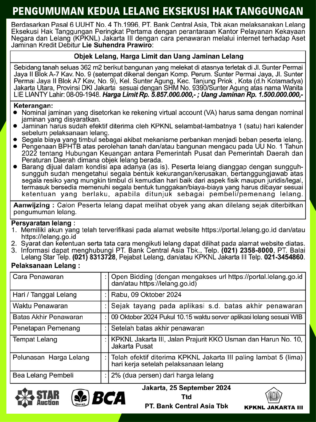 Pengumuman Kedua Lelang Eksekusi Hak Tanggungan Bank Central Asia