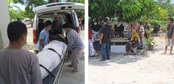 Tim Forensik memasukkan Jenajah Abdul Rahim Lubis korban tabrak lari ke Ambulan untuk dibawa keluarga
