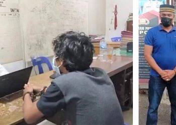 Pelaku AES alias Kombeng saat diperiksa Juper Polsek Bangun dan Korban Paulus Batara Mengatur Aruan (Kaos Hitam)