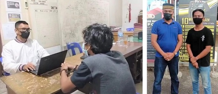 Pelaku AES alias Kombeng saat diperiksa Juper Polsek Bangun dan Korban Paulus Batara Mengatur Aruan (Kaos Hitam)
