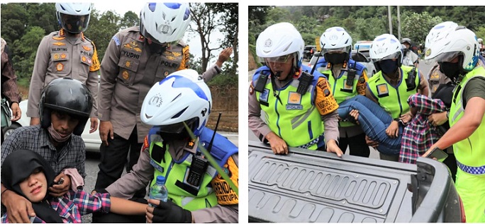 Tim Patroli Pengurai Kepadatan Arus Lalu Lintas Polrestabes Medan jalur Medan Berastagi dipimpin Kapolrestabes Medan Kombes Pol Valentino Alfa Tatareda membantu seorang ibu. (Foto Ist)