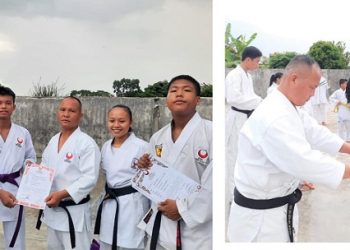 Pelatih Sahat Nainggolan SH bersama anggota Majelis Sabuk Hitam saat sematkan sabuk dan berikan sertifikat kepada atlit yang naik sabuk
