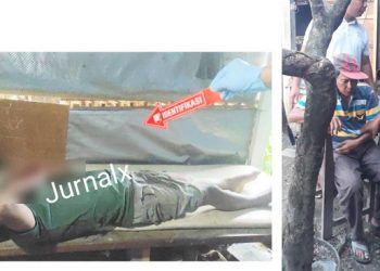 Jenajah Adiamsyah saat masih di TKP dan Pii orangtua korban Adiamsyah terduduk sedih juga di TKP