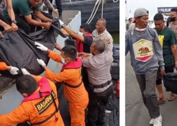 Tim SAR melakukan evakuasi pasutri yang tenggelam di perairan Belawan. (Foto Ist)