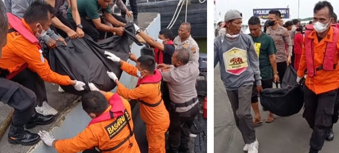Tim SAR melakukan evakuasi pasutri yang tenggelam di perairan Belawan. (Foto Ist)