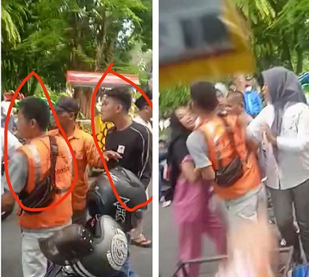 Kedua Pelaku, Guntur (Kaos Hitam) dan Marga Siagiaan saat di TKP dan korban Eka Ramayani halangi pelaku Marga Siagian mau bantu aniaya suaminya Raffi Putra