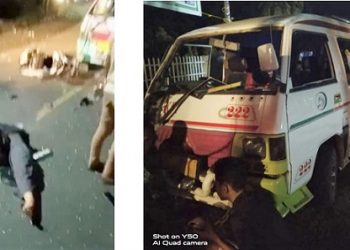 Abang adik, Anugrah Zulfani Siregar dan Salwa Khafifa Siregar saat masih terkapar di TKP serta barang bukti bus Mitsubishi L-300 BB 1139 BE