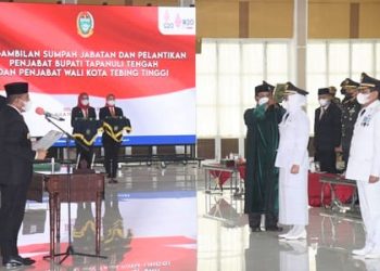 Gubsu Edy Rahmayadi melantik Sekda Kota Tebingtinggi Muhammad Dimyathi menjadi Pj Walikota Tebingtinggi dan Sekda Kabupaten Tapteng Yetti beru (br) Sembiring menjadi Pj Bupati Tapteng. (Foto Ist)