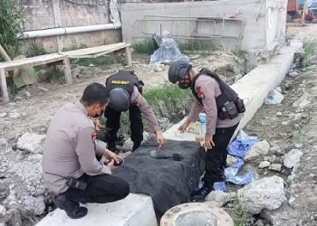 Tim Jibom Brimob Polda Sumut mengamankan mortir. (Foto Ist)