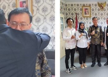 Ketua DPRD Kota Medan, Hasyim SE didoakan dan photo bersama dengan Samuel Yedija Theophile Purba- Putra Kebudayaan Nusantara Medan I 2022 (Foto Romulo)