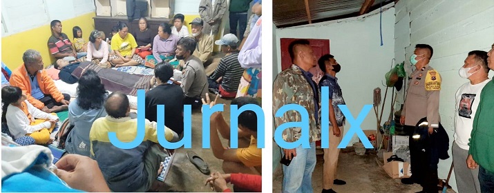 Jenajah Febrianto Siagian saat disemayamkan dirumah keluarganya dan personil Polsek Siantar Marihat saat olah TKP