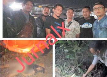 Pelaku pembunuhan, Liharmansyah Saragih diapit Tim Libas Polsek Siantar Martoba dan jenajah korban Rosida Br Damanik di TKP 