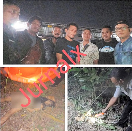 Pelaku pembunuhan, Liharmansyah Saragih diapit Tim Libas Polsek Siantar Martoba dan jenajah korban Rosida Br Damanik di TKP