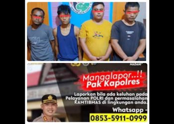 Bandar dan tiga tersangka yang diciduk Polres Madina melalui laporan aplikasi " Mangalapor Pak Kapolres " (Foto Ist)