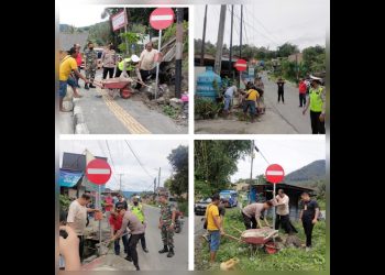 Kapolsek Parapat AKP Jonni Silalahi SH bersama Uspika Girsang Sipangan Bolon dan Ketua Komisi II DPRD Kabupaten Simalungun Maraden Sinaga memasang rambu lalulintas larangan masuk di empat lokasi
