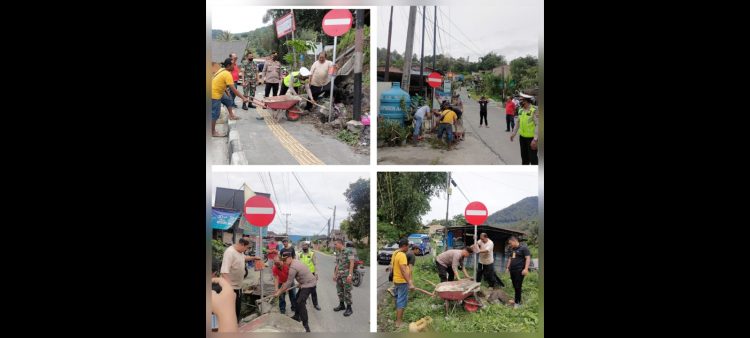 Kapolsek Parapat AKP Jonni Silalahi SH bersama Uspika Girsang Sipangan Bolon dan Ketua Komisi II DPRD Kabupaten Simalungun Maraden Sinaga memasang rambu lalulintas larangan masuk di empat lokasi