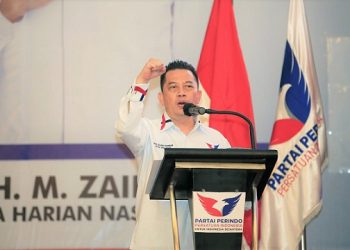 Ketua Perindo Sumut, Rudi Zulham Hasibuan memberikan sambutan di Muskerwil III DPW Partai Perindo Sumut di Hotel JW Marriot, Medan. (Foto Ist)