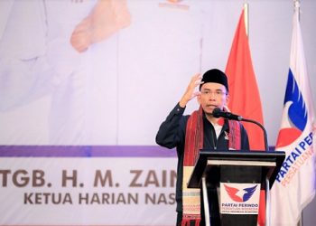 Ketua Harian Nasional DPP Partai Perindo, TGB M Zainul Majdi memberikan keterangan usai Muskerwil III Partai Perindo Sumut di Hotel J.W Marriott Medan. (Foto.Ist)