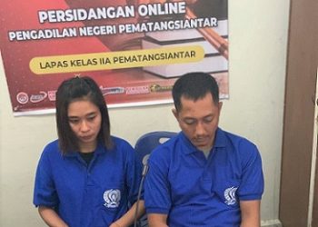 Terdakwa Sutan Aji Pratomo alias Sutan Aji dan Arini Febri Admaja alias Airin saat sidang online dari Lapas Kelas IIA Pematang Siantar
