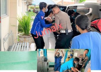 Kanit Regident Sat Lantas Polres Siantar IPDA Muhammad Faizal, S.Tr.K saat menolong Prada Rahmad Saleh Harahap korban tabrakan dengan membawa ke RS Horas Insani Kota Siantar