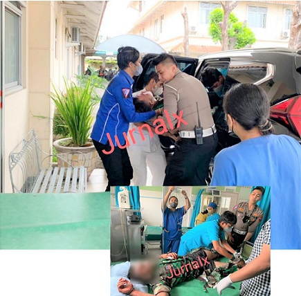 Kanit Regident Sat Lantas Polres Siantar IPDA Muhammad Faizal, S.Tr.K saat menolong Prada Rahmad Saleh Harahap korban tabrakan dengan membawa ke RS Horas Insani Kota Siantar