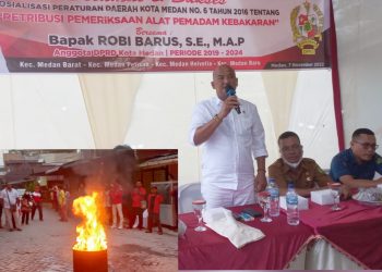 Anggota DPRD Kota Medan dari Fraksi PDI Perjuangan, Robi Barus melakukan Sosialisasi Perd Kota Medan No 6 Tahun 2016 Tentang Restribusi Pemeriksaan Alat Pemadam Kebakaran. (Foto Ist) 
