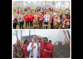 Wagub Sumut Musa Rajekshah bersama
Staf Khusus Kementerian LHK Irjen Pol Jhony Siahaan, Bupati Samosir  Vandiko Gultom, Ketum PBB Lambok F Sihombing, Ketua DPD PBB Sumut  Ronal Gomar Purba, Ketua DPC PBB Samosir Roland MR Sitanggang saat menanam 10 ribu pohon di Objek Wisata Togaraja. (Foto Ist).