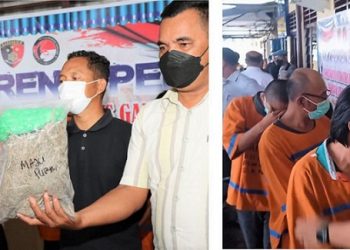 Kasatres Narkoba AKP Rudi Panjaitan SH didampingi KBO Iptu Jimmi Hutajulu dan Kanit Idik II IPDA Donly Sihombing menunjukkan barang bukti dan para tersangka