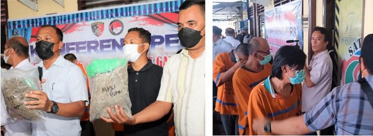 Kasatres Narkoba AKP Rudi Panjaitan SH didampingi KBO Iptu Jimmi Hutajulu dan Kanit Idik II IPDA Donly Sihombing menunjukkan barang bukti dan para tersangka