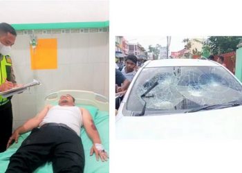 Personil Unit Laka melihat kondisi Wahyu Pradipta kondisi luka ringan di RS Vita Insani dan barang bukti mobil toyota agya kondisi ringsek