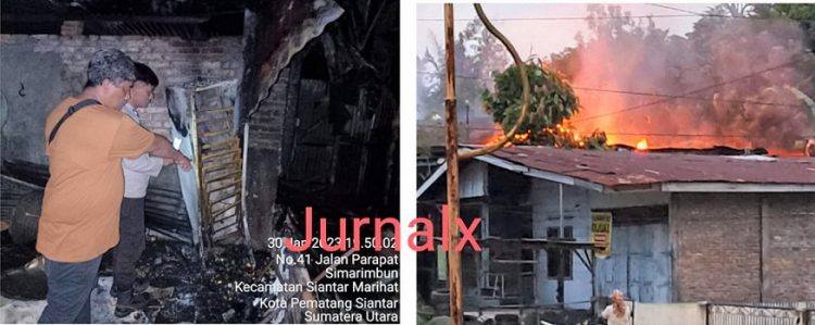 Personil Polsek Siantar Marihat saat olah TKP dikebakaran rumah warga di Jalan Parapat Km 6,5