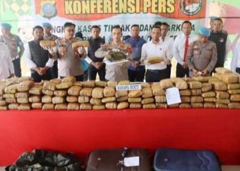 Kapolresta Deliserdang, Kombes Irsan Sinuhaji didampingi Kasat Narkoba, Kompol Zulkarnain temu pers terkait hasil tangkapan 173 kg daun ganja kering. (Foto Ist) 