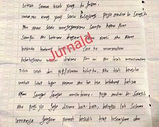 Secarik kertas berisi surat ditulis korban Juanpelix Tampubolon kepada kekasihnya yang ditemukan dari kantong celannya