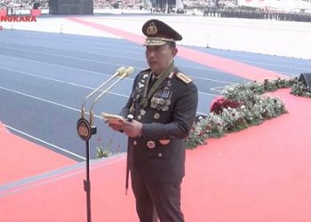 Kapolri Jenderal Pol. Listyo Sigit Prabowo, M.Si saat memberikan sambutan di acara perayaan HUT Bhayangkara ke-77. (Foto Ist)