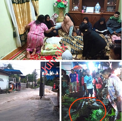 Jenajah korban Nizma Ramadhani disemayamkan dirumah duka (Photo atas). Kondisi banjir dan parit (Photo bawah)