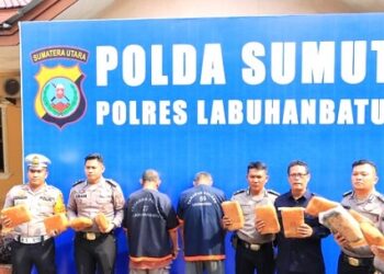 Polres Labuhanbatu berhasil menggagalkan pengiriman narkotika jenis ganja sebanya (12,670,6 gram (12,6 Kg) yang dikirim dari Kota Medan menuju Kota Dumai, Provinsi Riau. (Foto Ist)