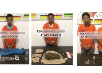 Ke empat pelaku dan barang bukti hasil tangkapan Polsek Perdagangan