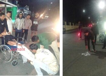 Andreansyah luka berat saat di TKP dan M. Fandy Irwansyah menunjukkan lokasi tabrakan kepada personil Unit Gakkum Sat Lantas Polres Siantar saat olah TKP. 