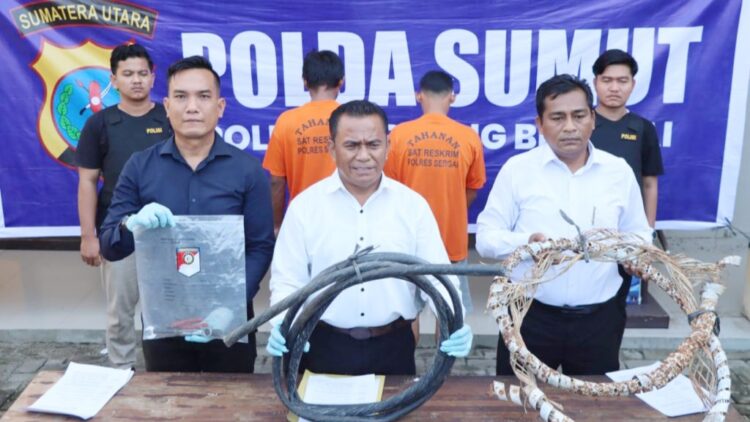 Kasat Reskrim Polres Sergai AKP JH Panjaitan didampingi Kasi Humas IPDA Brimen saat paparan dua pria pelaku pencurian kabel lampu penerangan jalan umum (PJU) di pintu tol Teluk Mengkudu, Kabupaten Sergai. (Foto.Ist)